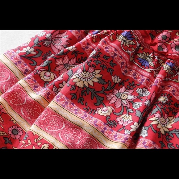 Boho Floral Gypsy Print Skirt red mini tiered - Picture 4 of 5